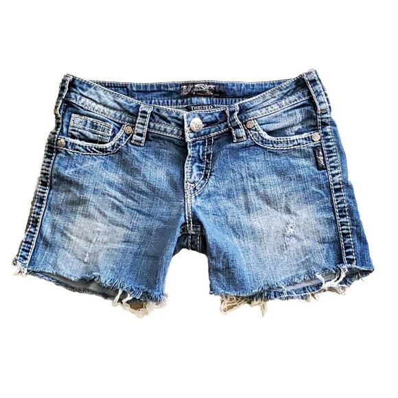 Silver Jeans Womens Sz 27 Twisted Denim Shorts  Distressed Cutoffs Blue Stretch - Picture 1 of 8